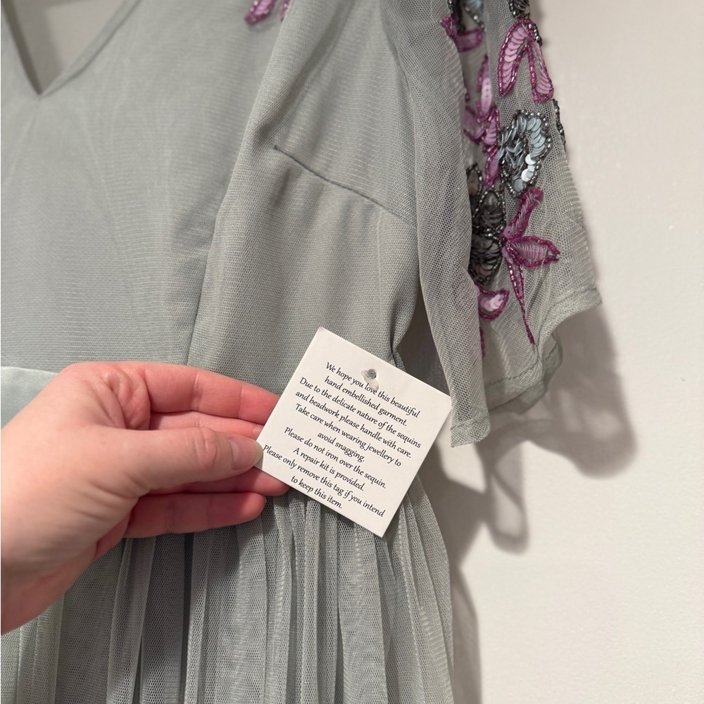 ASOS Sage Green Embroidered Tulle Midi Dress – Size 8 - Picture 4 of 6